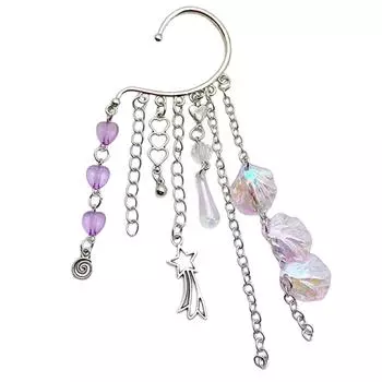 Fashionable Metal Ear Cuff with Chain Unique Ocean Shell Pendant Ear Dangle Stylish Beaded Fringes Ear Cuff Accessory фиолетовый