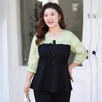 Fashionable Mom Plus-size Women s Top Spring and Summer Short-sleeved Patchwork Pullover V-neck Shirt XL чёрный/зелёный