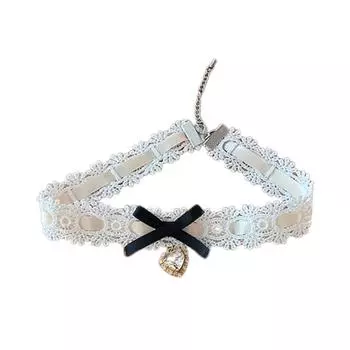 Fashionable Necklace Bowknot Heart Pendant Neckchain Adjustable Lace Choker Handmade Collarbone Chain Gifts for Women чёрный