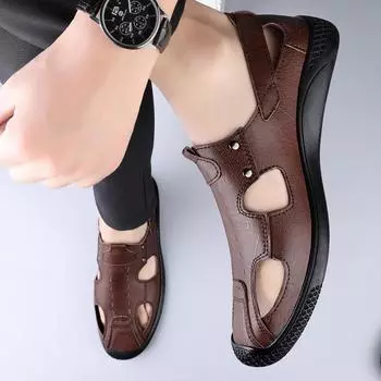 Fashionable New Two-layer Cowhide Sandals 2024 Brand Men s Comfortable Breathable Low Cut Soft Lightweight Casual Driving Shoes 37 коричневый