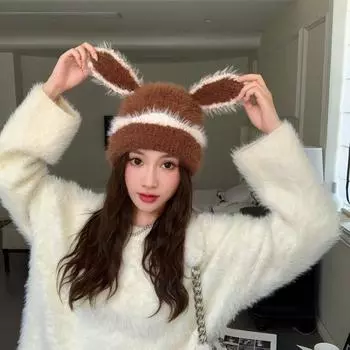 Fashionable Plush Hat with Thickened Warm Cover and Knitted Hat One Size