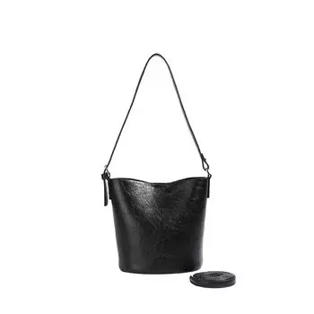 Fashionable Retro Commute Leisure Easiest for Match Niche Bucket Bag Black small size (double shoulder straps)