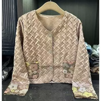 Fashionable Sequins Woven Ruched Short Coat Temperament Commute Single-Breasted Cardigan Top Women s Autumn New Arrival Lotus root color One size