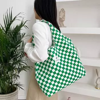 Fashionable Single Shoulder Large Capacity Simple Checkerboard Canvas Bag C
