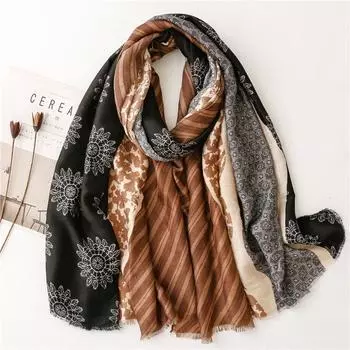 Fashionable Socialite Cotton Linen Hand Feel Scarf, Soft Satin Cotton Sea Sky Color Floral Scarf, Winter Warm Thick Shawl 180*85
