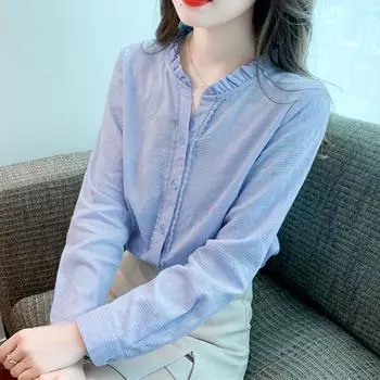 Fashionable Spring Autumn Stand Collar Long Sleeve Shirt Versatile Women Cotton Top Solid Color Splicing Elegant Bottoming Shirt S