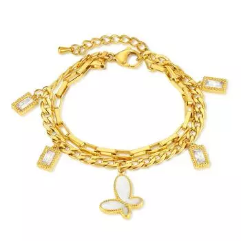 Fashionable Stainless Steel Shell Butterfly Pendant Gold Plated Double Layer Bracelet