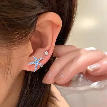 Fashionable Summer Blue Full Diamond Starfish Ear Studs Sweet Small Stud Earrings For Women Girls Beach Party Jewelry Gift