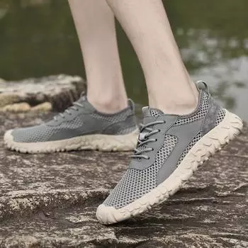 Fashionable Summer Breathable and Comfortable Mesh Shoes for Men s Casual Shoes Cowhide Leather Patchwork Outdoor Sports Shoes 38 серый