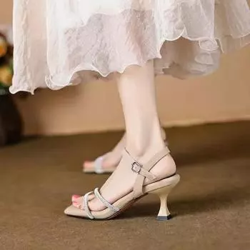 Fashionable Summer High Heel Sandals 2024 New Square Head Soft and Comfortable Lace Up Thin High Heels Luxury Zapatos De Mujer 34 бежевый