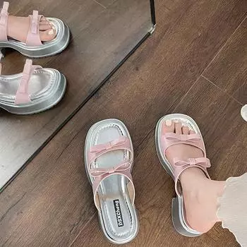 Fashionable temperament French bow heightened thick-soled slippers women s summer wear 2025 new silver with skirt sandals 35 чёрный