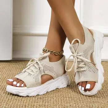 Fashionable thick soled anti slip beach sandals summer new breathable mesh sponge sole flying woven sports shoes for women 2024 35 бежевый