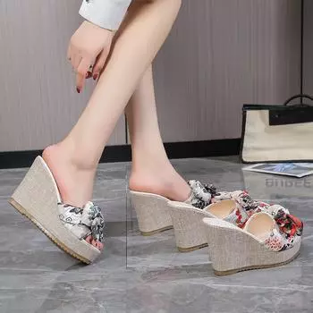 Модные повседневные босоножки на толстой подошве с бантом на танкетке, удобные и элегантные женские туфли на высоком каблуке, новая универсальная и модная обувь 35 серый