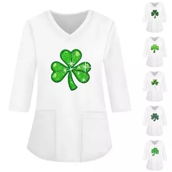 Fashionable V-neck Women s 3/4 Sleeved Work Clothes Pocket Printed Loose Tops XXXXL серебряный