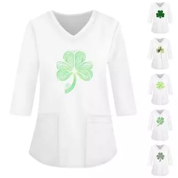 Fashionable V-neck Women s 3/4 Sleeved Work Clothes Pocket Printed Loose Tops L белый