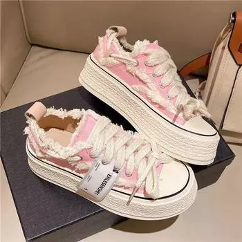 Fashionable Versatile Canvas Shoes with Increase Height Girls Sneakers Platform Frayed Espradilles Shoes Ladies Trainers CN 35 (Logo 1)