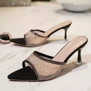 Fashionable Versatile High Heel Slippers Pointed Toe Rhinestone Decorated One-piece Strap Sandals Casual Elegant Ladies Shoes 35