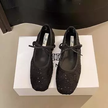 Fashionable versatile Summer New Square Head Bow Elegant Single Shoes Women Lightweight Breathable Comfortable Mesh Shoes 35