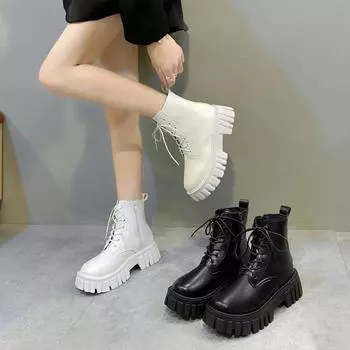 Fashionable Women s Boots 2024 New Handsome Lace-up Motorcycle Boots Thick Sole Anti-Slip High Quality Women s Shoes Size 35-42 35 чёрный