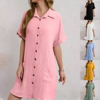 Fashionable Women s Casual Solid Color Buttoned Mid-length Short-sleeved Loose Dress L