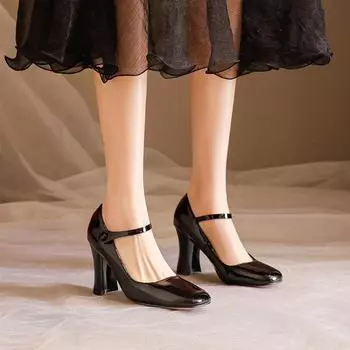 Модные женские туфли на высоком каблуке из лакированной кожи женские туфли с пряжкой женские туфли на высоком каблуке однотонные толстые каблуки 34 чёрный