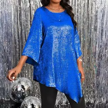 Fashionable Women s Plus Size Loose Round Neck Mid-sleeve Irregular Hem Top XXL