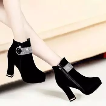 Fashionable Women s Red Wedding Shoes Autumn/winter Fleece-lined Thick Heel Short Boots Cotton Round Head Warm High Heels 35