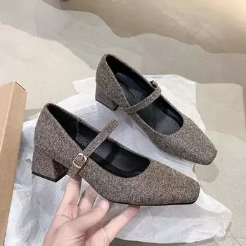 Модные женские туфли-лодочки с высоким каблуком, квадратным носком, прямой пряжкой, новые весенние уличные туфли из искусственной кожи серого/кофейного цвета с низким верхом 35