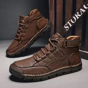 FashionAll-match Hiking Mens Boots New Leather Ankle Boots Outdoor Antiskid Man Casual Shoes Handmade Comfy Rubber Men Treking Footwear 38