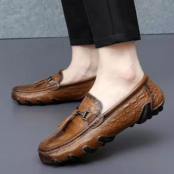 FashionAll-match Мужские мокасины с кисточками для отдыха на природе Мужские туфли без застежек Высококачественная мужская повседневная обувь с узором из крокодиловой кожи Мужские туфли на плоской подошве из натуральной кожи 38 чёрный