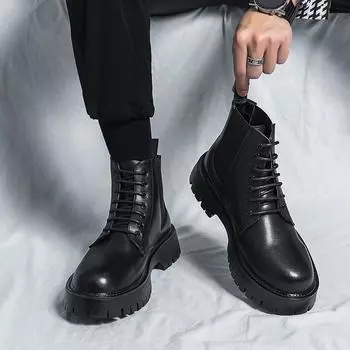 FashionAutumn Мужская обувь Высокие британские кожаные мотоциклетные ботинки Мужские толстые подошвы Трендовые ботинки Челси Мужская повседневная обувь Ботинки на платформе 38 чёрный