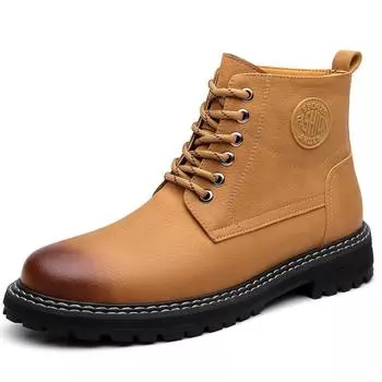 FashionAutumn Winter Platform Boots for Men Fashion Casual Cow Leather Yellow Cotton Shoes Male Solid Color Wool Work Boots Man 38