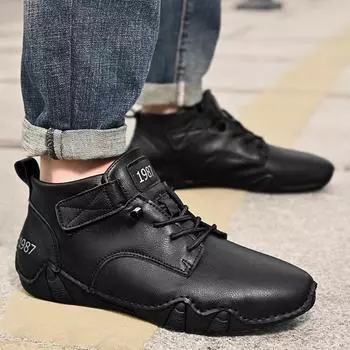 FashionBoots Men Leather Shoes slip on high top Fashion Motorcycle Ankle Boots Man Lace-Up spring autumn Boots men footwear shoes men 6.5 чёрный