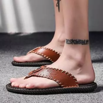 FashionBrand Британский стиль Мужская мода Удобные шлепанцы Уличная нескользящая плоская дизайнерская повседневная кожаная дышащая пляжная обувь Лето 2024 38 чёрный