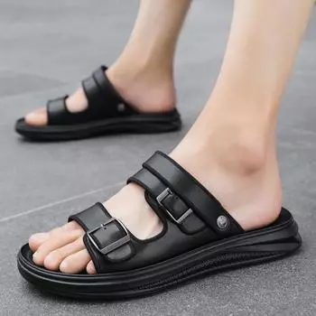 FashionBrand Classic Mens Sandals Summer Genuine Leather Sandals Men Outdoor Casual Lightweight Sandal Fashion Men Sneakers Size 38-44 38 чёрный