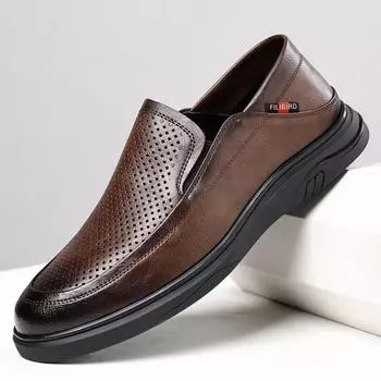 FashionBrand Мужские летние кожаные туфли из натуральной кожи в деловом стиле, модные новые мужские перфорированные дышащие туфли дерби 38 чёрный