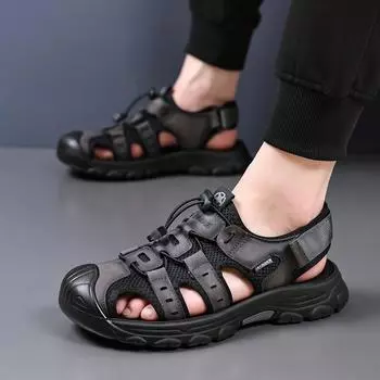 FashionBrand мужские сандалии из натуральной кожи, мужская обувь из коровьей кожи, классические летние шлепанцы, модные уличные пляжные гладиаторские сандалии для мужчин 38 чёрный