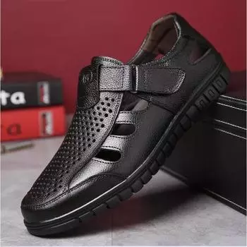 FashionBrand New Fashion Genuine Leather Hollow Out Men Sandals Summer Casual Shoes Breathable Outdoor Slip on Man Sandals Beach Shoes 38 чёрный