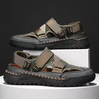 FashionBreathable Men Shoes Hollow Out Sandals Men Handmade Outdoor Beach Close Toe Non Slip Flats Indoor Slippers Mesh Casual Shoes 38 чёрный