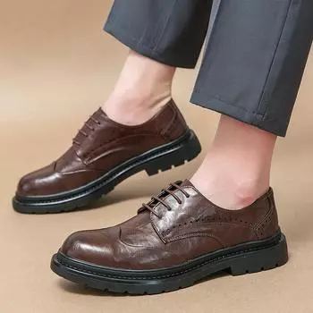 FashionBritish Man Black Office Business Dress Leather Flats Man Split Leather Wedding Shoes 2024 Мужские туфли из коровьей кожи с резиновой подошвой 38 чёрный