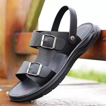 Модная повседневная мужская обувь из мягкой кожи без застежек, нескользящие пляжные летние сандалии с двумя пряжками, тапочки, шлепанцы, прогулочная обувь 38 чёрный