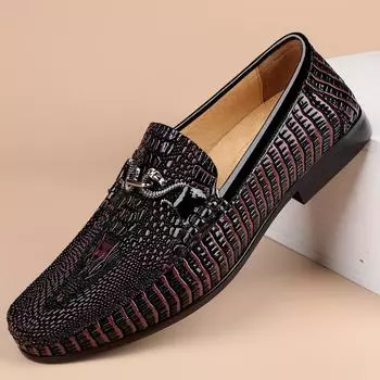FashionCasual Leather Men Loafers New Handmade Moccasins Crocodile Pattern Men Genuine Leather Flats Luxury Brand Comfy Driving Shoes 37 чёрный