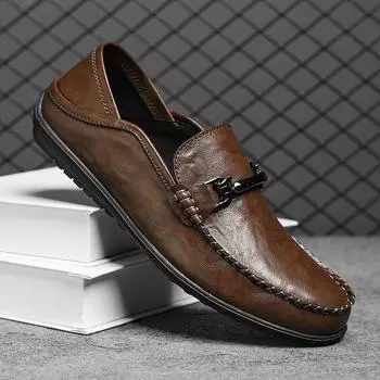 FashionCasual Leather Shoes Men s Handmade Slip on Flats Leisure Walk Shoes Outdoor Driving Footwear Breathable Male Loafers Moccasins 38 чёрный