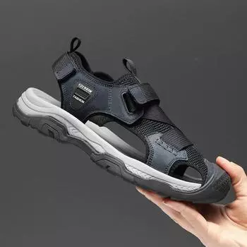 FashionCasual Leather Shoes Men Summer New Male Footwear Luxury Hollow Out Man Sandals New Fashion Beach Slippers Outdoor Men s Shoes 38 чёрный