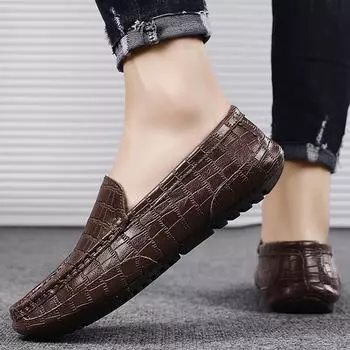 FashionCasual Leather Shoes Street Style Men s Loafers Punk Style Moccasins Breathable Slip on Footwear Comfy Business Male Boat Shoes 38 чёрный