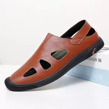 FashionCasual Leather Summer Flats Men s Cozy Hollow Out Slip on Shoes Non-slip Soft Cool Men Sandals Lighted Breathable Male Loafers 38 чёрный