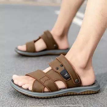 FashionCasual Sandals Men Summer breathable Fiber Leather Casual Beach Shoes for Outer Wear Non Slip Middle men sandals Beach Slippers 6.5 чёрный