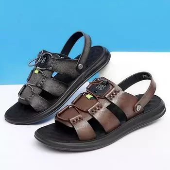 FashionClassic Men s Genuine Leather Sandals Retro Men s Casual Shoes Beach Shoes Outdoor Trendy Flat Shoes Non slip Walking Sandals 38 коричневый