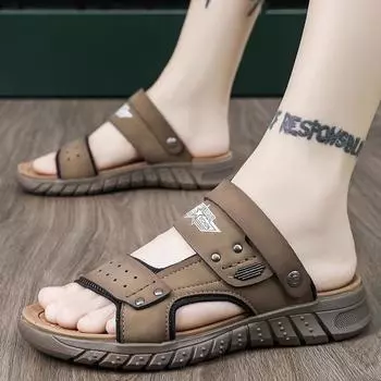 FashionClassic Mens Sandals fashion Summer Genuine Leather Sandals Men Outdoor Casual Lightweight Sandal Men office Sneakers 6.5 серый