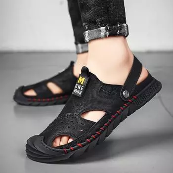 FashionClassic Mens Sandals Summer Black Leather Male Beach Sandals Soft Comfortable Male Outdoor Beach Slippers Slip-ON Man Sandals 38 чёрный